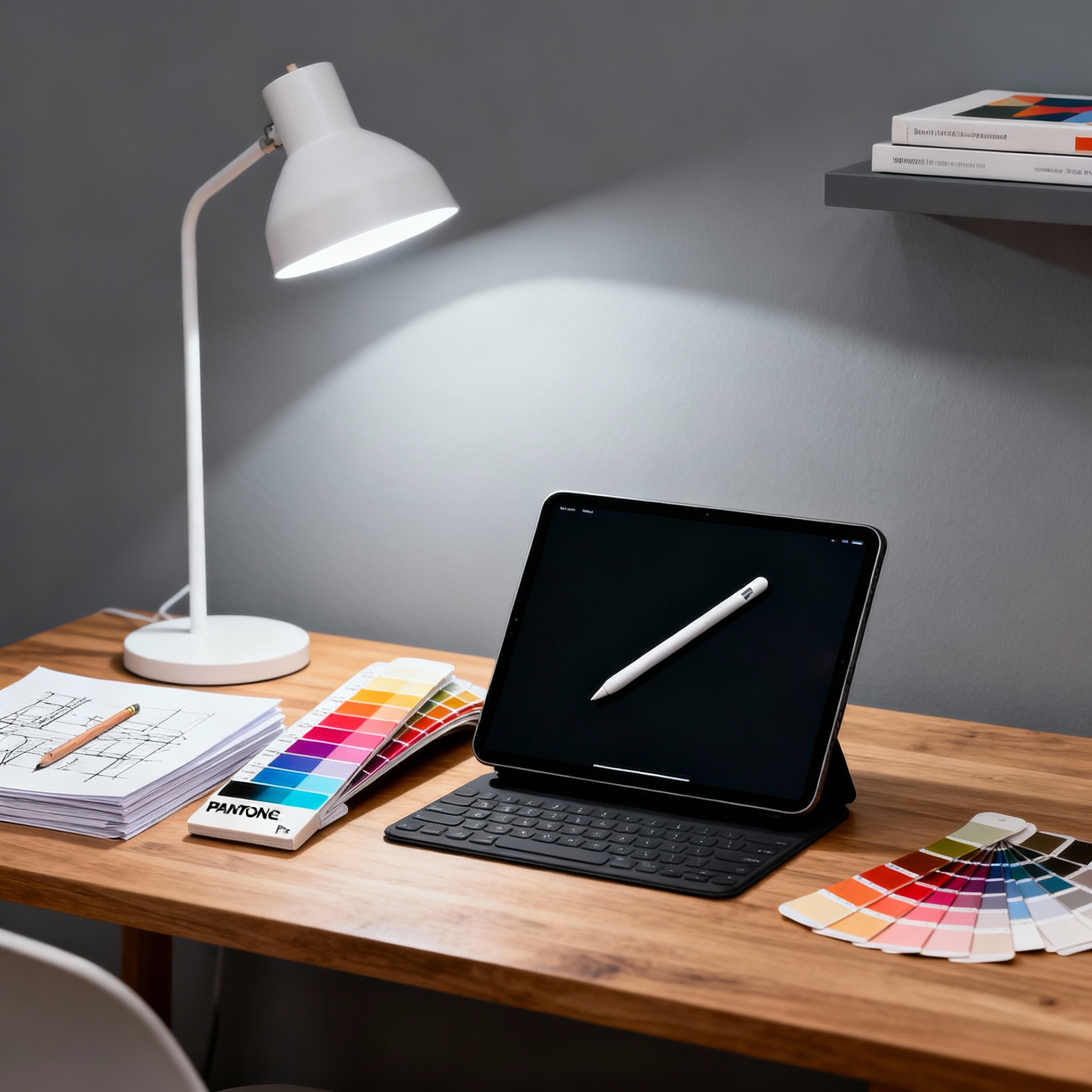 Visual designer workspace with iPad and color swatches